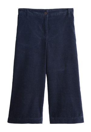 Pantalon large en velours côtelé bleu marine avec fermeture à bouton et zip à l'avant, passants de ceinture et longueur raccourcie.