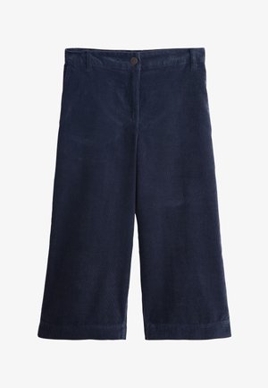 Pantalon large en velours côtelé bleu marine avec fermeture à bouton et zip à l'avant, passants de ceinture et longueur raccourcie.