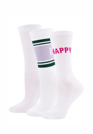 Three pairs of white crew socks, one with green and purple stripes, one with pink "HAPPY" text, and one plain white.