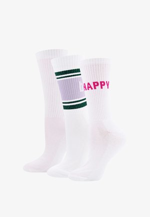 Three pairs of white crew socks, one with green and purple stripes, one with pink "HAPPY" text, and one plain white.