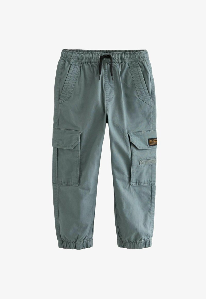 Pantaloni cargo in cotone verde con vita elasticizzata, cordino regolabile, tasche laterali e tasche a toppa sulle cosce.