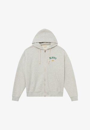 Grey zip-up hoodie made of soft fabric, featuring a hood, two side pockets, and "BLKVIS NY" embroidered in green and orange.