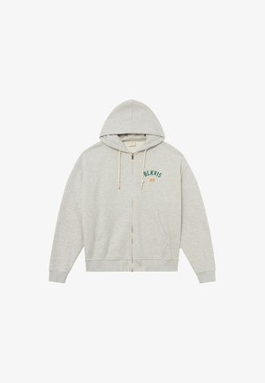 Grey zip-up hoodie made of soft fabric, featuring a hood, two side pockets, and "BLKVIS NY" embroidered in green and orange.