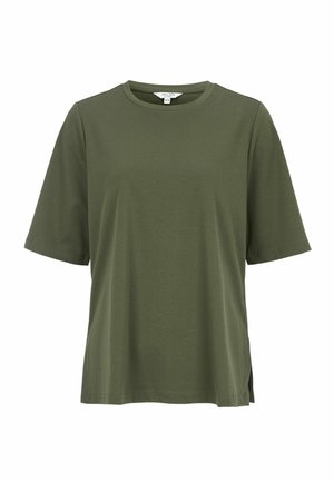 Olivgrünes T-Shirt aus weicher Baumwolle, mit rundem Ausschnitt, kurzen Ärmeln und seitlichen Schlitzen für mehr Bewegungsfreiheit.