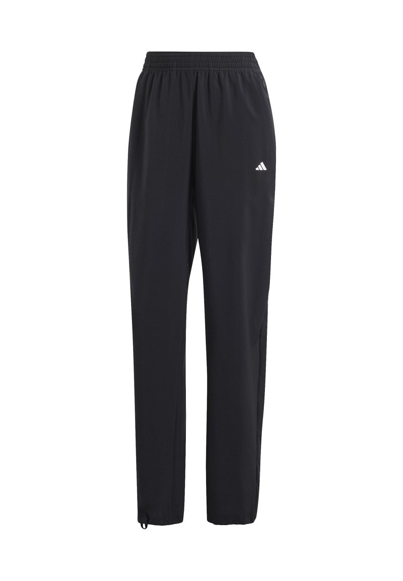 Pantalones deportivos negros con cintura elástica, bolsillos laterales y un pequeño logo blanco cerca de la cadera. Tela suave y ligera.