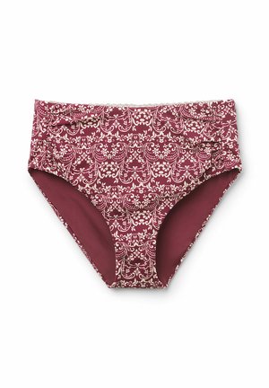Bordåben baddräkt med vit blommönster, med en slät yta och rynkade sidsömmar för ytterligare detalj. Fodrad insida för komfort.
