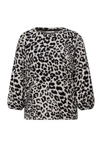 Haut en imprimé léopard avec de longues manches légèrement bouffantes. La palette de couleurs présente des taches noires sur un fond beige clair. Encolure classique ras du cou.