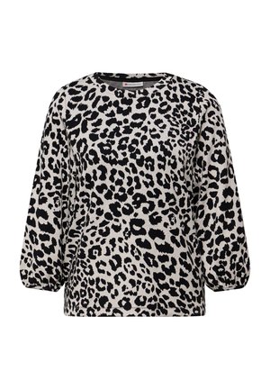 Leopardenmuster-Oberteil mit langen, leicht puffierten Ärmeln. Farbgebung mit schwarzen Flecken auf einem hellbeigen Hintergrund. Klassischer Rundhalsausschnitt.