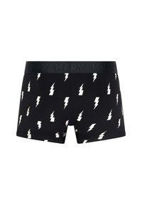 Crne bokserice s ponavljajućim bijelim uzorkom munje, s crnim elastičnim pojasom urezanim s riječju "SRETAN."