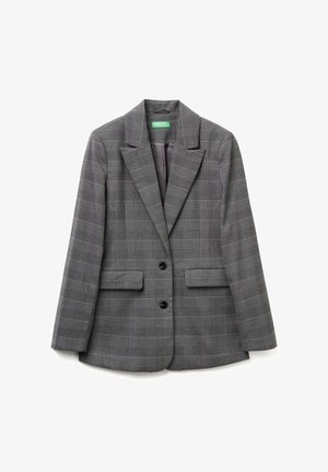 Grijze geruite blazer met een notch lapel, twee voorzakken en twee zwarte knopen. Geweven stof met een gladde binnenvoering.
