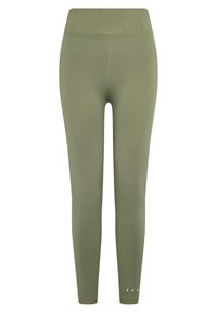 Olivenfargede tights med ribbet høy livlinje, glatt tekstur og subtile diagonale mønstre. Har en liten hvit logo ved kanten.