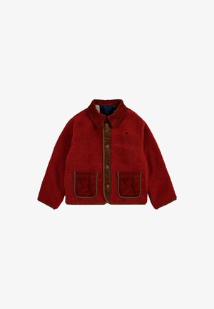 Rote Fleecejacke mit braunem Cordfrontpanel, zwei großen Fronttaschen und einem Kragen. Verfügt über einen Druckknopfverschluss und ein strukturiertes Material.