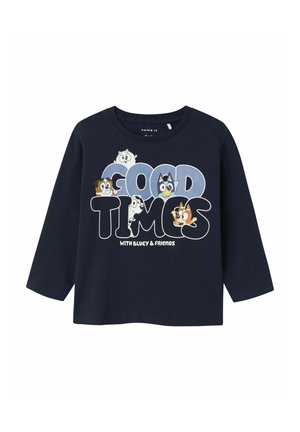 T-shirt à manches longues bleu marine en coton, décoré de personnages de dessin animé colorés avec les inscriptions "BON MOMENT" et "AVEC BLUEY & AMIS" imprimées en blanc.