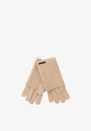 Guanti a maglia di un color beige chiaro con una texture a coste. Presentano cinque dita e un design con polsino. Piccola etichetta nera sul polso.