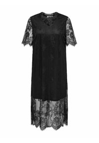 Abito in pizzo nero con maniche corte e scollo a V. Presenta una sovrapposizione di pizzo floreale e un orlo trasparente, una consistenza morbida e una vestibilità morbida.