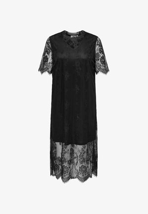 Must mustrakk mustrakk lace kleit lühikeste varrukatega ja V-kaelusega. Omab lillemustriga pitsist pealiskoht, läbipaistvat allserva, pehmet tekstuuri ja lahtist soojust.