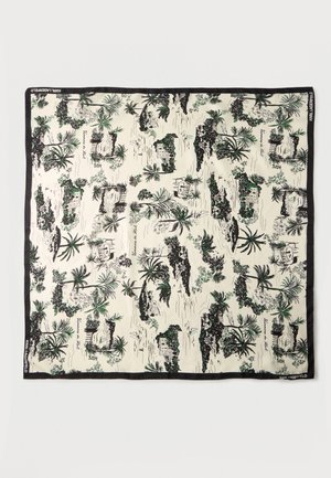 Selyemsál fekete szegéllyel, fekete és zöld pálmafákkal, szigeti jelenetekkel és "Vacances de Rêve" feliratmintával.