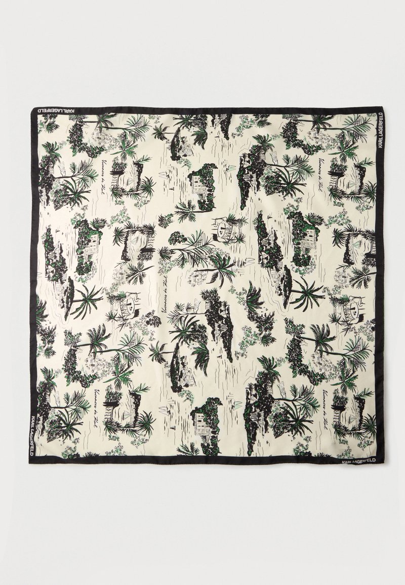 Μεταξωτό φουλάρι με μαύρο περίγραμμα, που απεικονίζει μαύρα και πράσινα φοίνικα, νησιωτικά τοπία και μοτίβο με την επιγραφή «Vacances de Rêve».