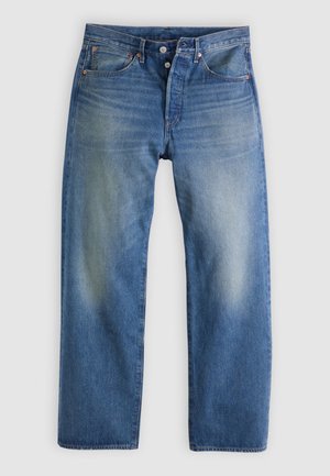 Blauwe denim jeans met een rechte pijp, voorzien van een lichte wassing, nikkelen zakken, knoopsluiting en subtiele vervaging op de dijen.
