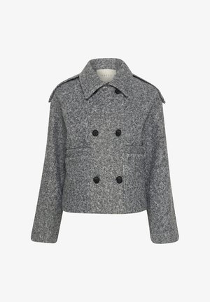 Grå uldblanding cropped jakke med dobbeltradet front, sorte knapper, notched krave og skulderklapper. Blød tekstureret overflade.