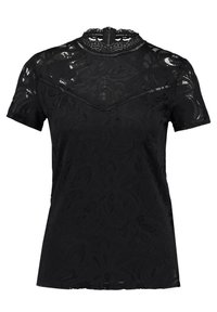 Top in pizzo nero con maniche corte, colletto alto con bordino e motivi floreali sul tessuto. Chiusura sul retro con dettagli a occhiello.