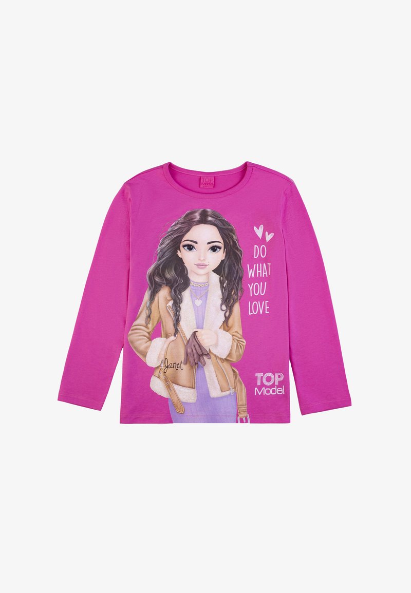 Langärmliges pinkes T-Shirt mit einem Grafikdesign eines Mädchens in einem braunen Mantel mit weißen Nahtabschlüssen, das Handschuhe hält, sowie dem Text "DO WHAT YOU LOVE."