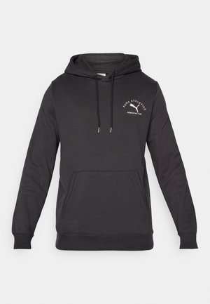 Hoodie nero in cotone misto, con tasca a marsupio, cappuccio con lacci e logo bianco sul lato sinistro del petto.