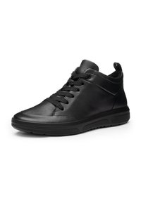 Black leather high-top sneaker with black laces and textured rubber sole, angled to show outer side and front.