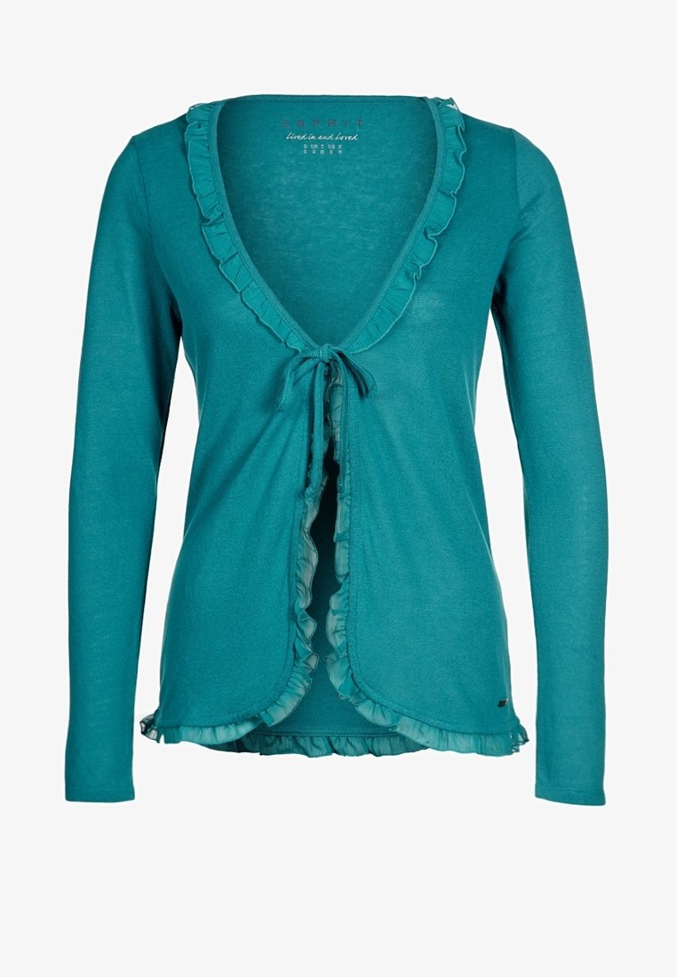 Gilet long en vert-bleu avec un col volanté et une ouverture à l'avant, doté d'une fermeture par lien. Texture lisse et design ajusté.