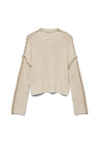 Beżowy sweter z dzianiny o pudełkowym kroju, z prążkowanym dołem i unikalnymi detalami po bokach, z tkanymi akcentami wzdłuż rękawów.