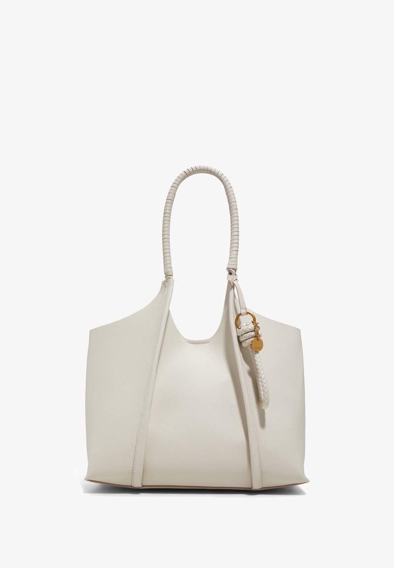 White leather tote bag with a structured shape, featuring a braided handle and gold hardware detail. Smooth texture, minimalist design.