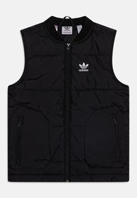 Gilet invernale nero con colletto alto, zip frontale e due tasche con zip; presenta il logo Adidas in bianco sulla parte sinistra del petto.