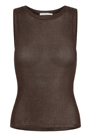 Haut en maille marron sans manches avec encolure ronde et fine texture côtelée, étiquette de marque "GESTUZ" cousue à l'intérieur du col.