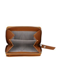 Brown leather zip-around wallet open, showing striped fabric interior with multiple compartments and a leather zipper pull tab.