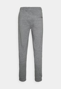 Pantalones deportivos grises con cintura elástica, piernas ajustadas y un pequeño bolsillo con cremallera en la parte posterior para un almacenamiento seguro.