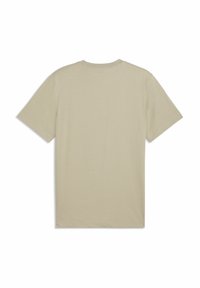T-shirt beige clair à manches courtes avec un col rond, en tissu doux ; design uni sans motifs ni ornements.