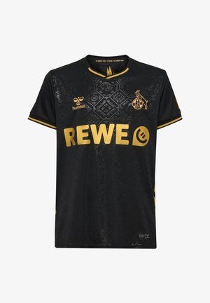 Maillot de football noir avec un motif texturé, présentant des accents dorés, un col rond, et le mot "REWE" affiché en évidence sur le devant.
