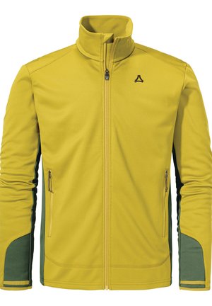 Gelbe Polyesterjacke mit hohem Kragen, ausgestattet mit grünen Akzenten an den Seiten, zwei Reißverschlusstaschen an der Vorderseite und einem Logo auf der Brust.