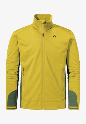 Gelbe Polyesterjacke mit hohem Kragen, ausgestattet mit grünen Akzenten an den Seiten, zwei Reißverschlusstaschen an der Vorderseite und einem Logo auf der Brust.