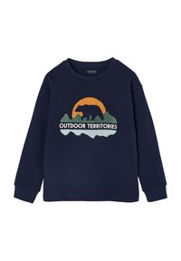 Marinefarbener Sweatshirt mit einem Bären- und Gebirgsdesign, in orange und grün akzentuiert. Text: "OUTDOOR TERRITORIES." Weicher Stoff, lange Ärmel.