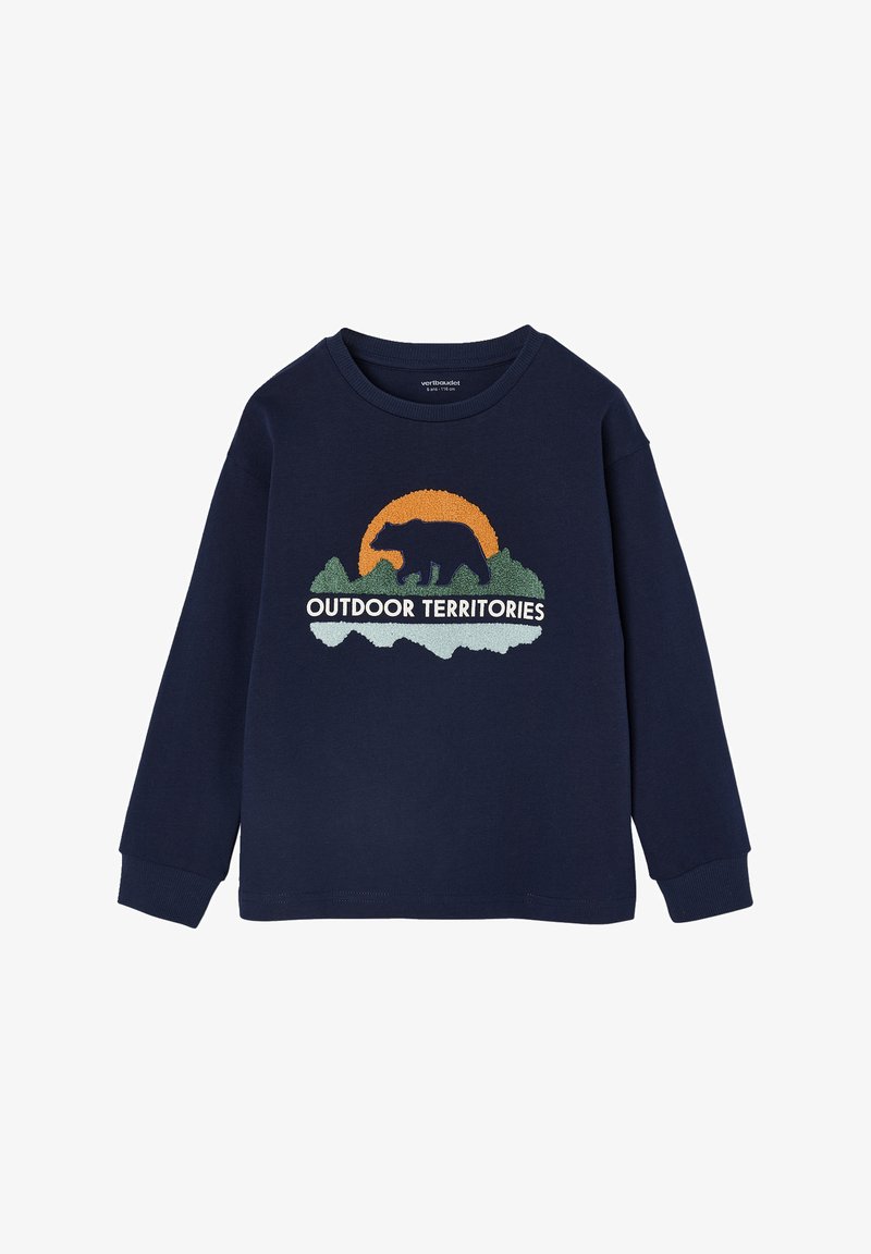 Marinefarbener Sweatshirt mit einem Bären- und Gebirgsdesign, in orange und grün akzentuiert. Text: "OUTDOOR TERRITORIES." Weicher Stoff, lange Ärmel.