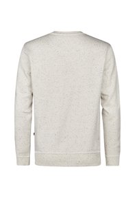 Sweat-shirt à manches longues et col rond de couleur blanc cassé avec un motif subtilement moucheté, poignets et ourlet côtelés, vu de dos.