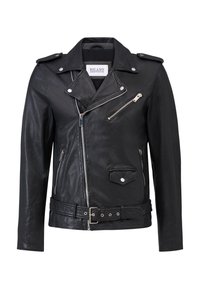 Zwarte leren motorjack met een asymmetrische rits, schouderstukken, ritszakken en een riem in de taille. Gladde textuur met een matte afwerking.
