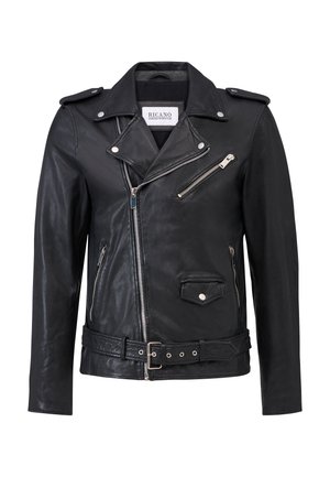Schwarze Leder-Motorradjacke mit asymmetrischem Reißverschluss, Schulterklappen, Reißverschlusstaschen und einem Gurtbund. Sanfte Textur mit matter Oberfläche.