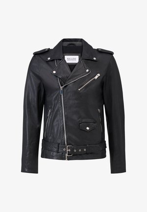 Black leather motorcycle jacket with an asymmetrical zipper, epaulets, zippered pockets, and a belted waist. Smooth texture with a matte finish.