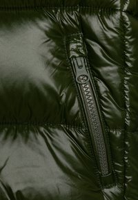 Sezione di giacca a vento verde con una texture lucida e trapuntata. Presenta una zip laterale con marchio YKK. Materiale liscio e design elegante.
