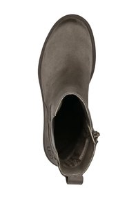 Szary zamszowy botek za kostkę z zaokrąglonym noskiem, zamkiem błyskawicznym, miękką podszewką wewnętrzną i płaską gumową podeszwą. Akcenty obejmują oznakowane logo.