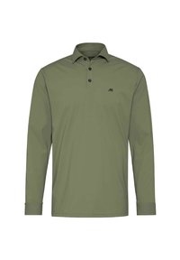 Langärmliges Poloshirt in Olivgrün, aus weichem Stoff gefertigt. Verfügt über einen klassischen Kragen, eine Drei-Knopf-Leiste und ein unauffälliges Logo auf der Brust.