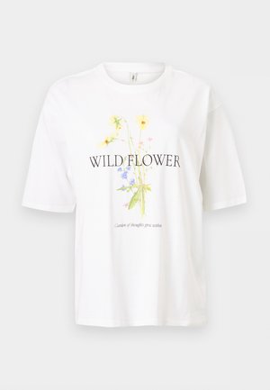 Camiseta blanca de manga corta con gráfico impreso de flores silvestres y el texto "WILD FLOWER" y "Garden of thoughts grow within."