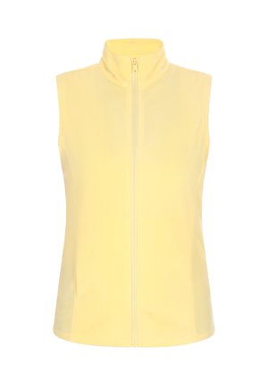 Ärmellose gelbe Weste aus weichem Material, mit hohem Kragen und einem Reißverschluss vorne. Einfaches Design, glatte Textur, keine Muster oder Akzente.